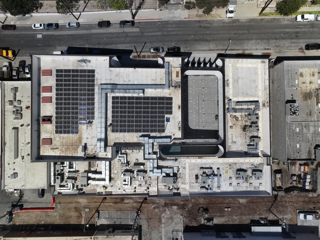 Top-down view of roof equipment and solar panels